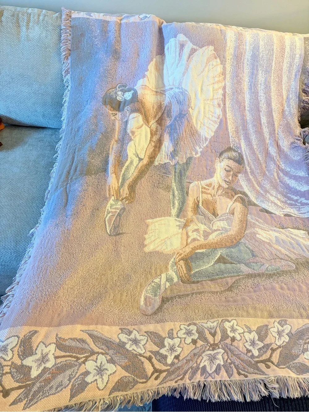 Vintage Goodwin Weavers Ballet Dancers Decorative Throw Blanket - Pink and Cream